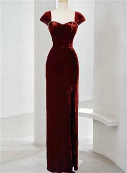 Picture of Charming Wine Red Color Velvet Cap Sleeves Long Party Dresses, Wedding Party Dress